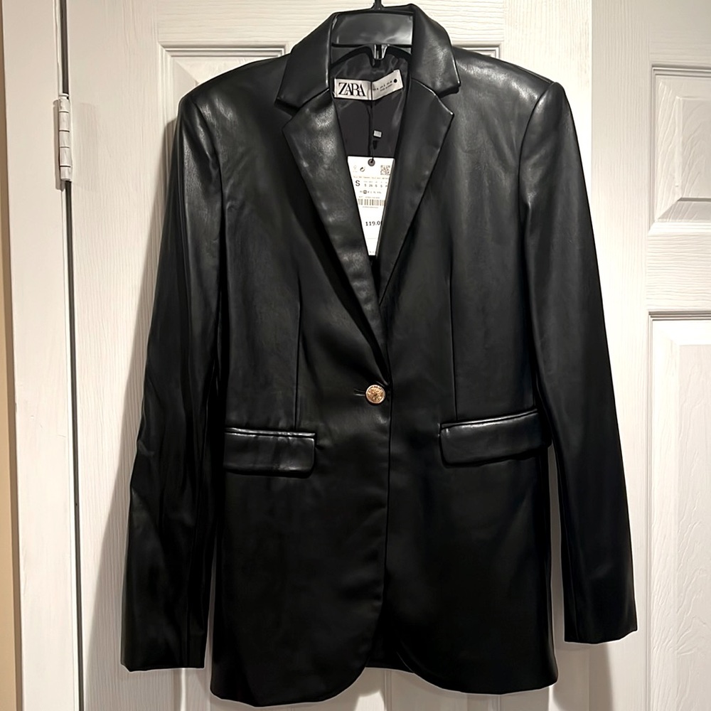 ZARA Black Faux Leather Blazer New With Tags